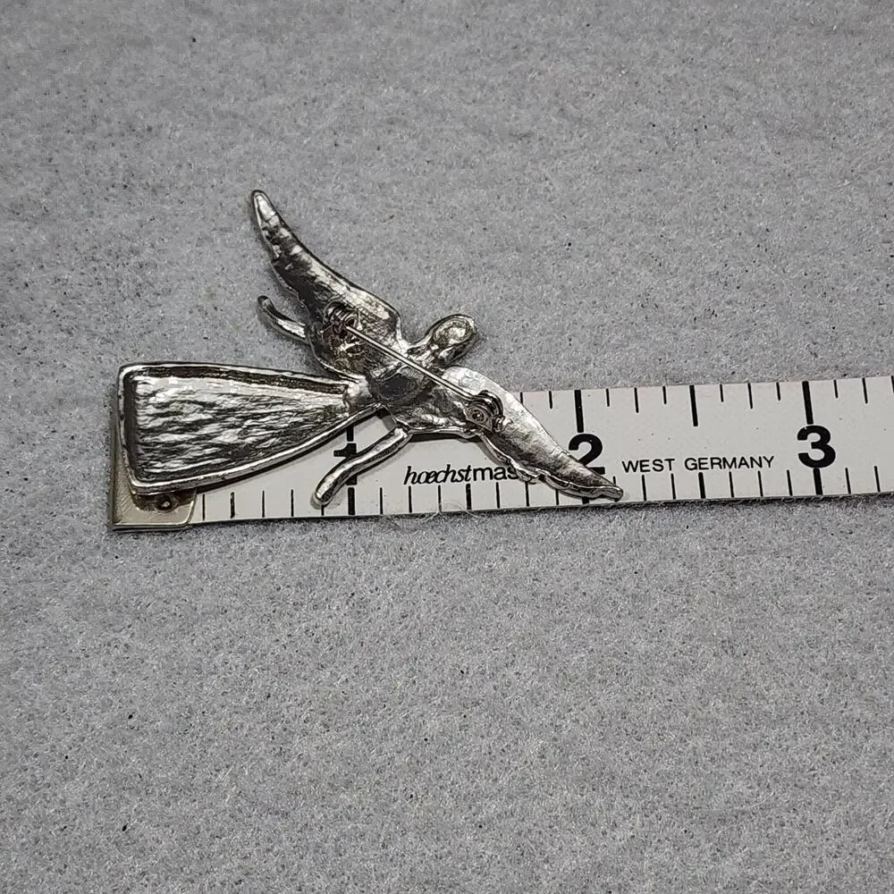 'My Sister My Friend' Inscription Angle In Flight Brooch Pin Vintage Silver Tone